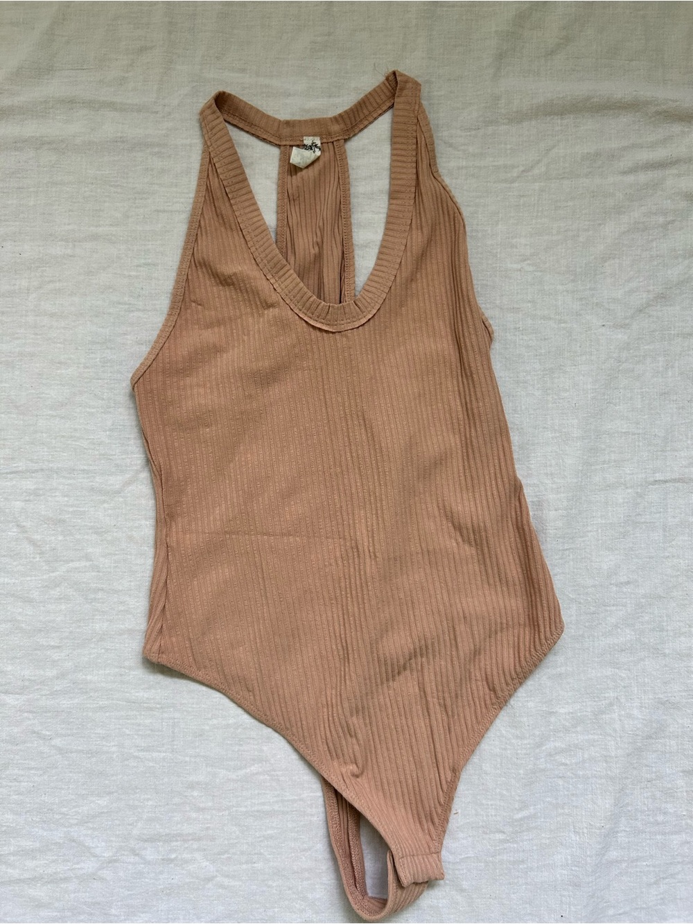 Free People Ribbed Scoop Neck Bodysuit in Beige